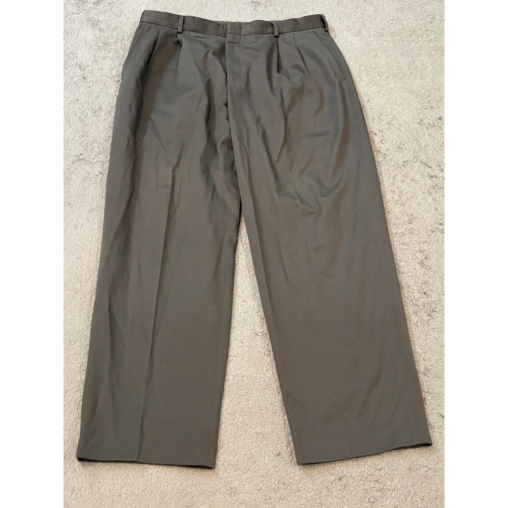 Lands End Mens 36 Pleated Dress Pants Olive Drab Gray Green Cotton Trousers